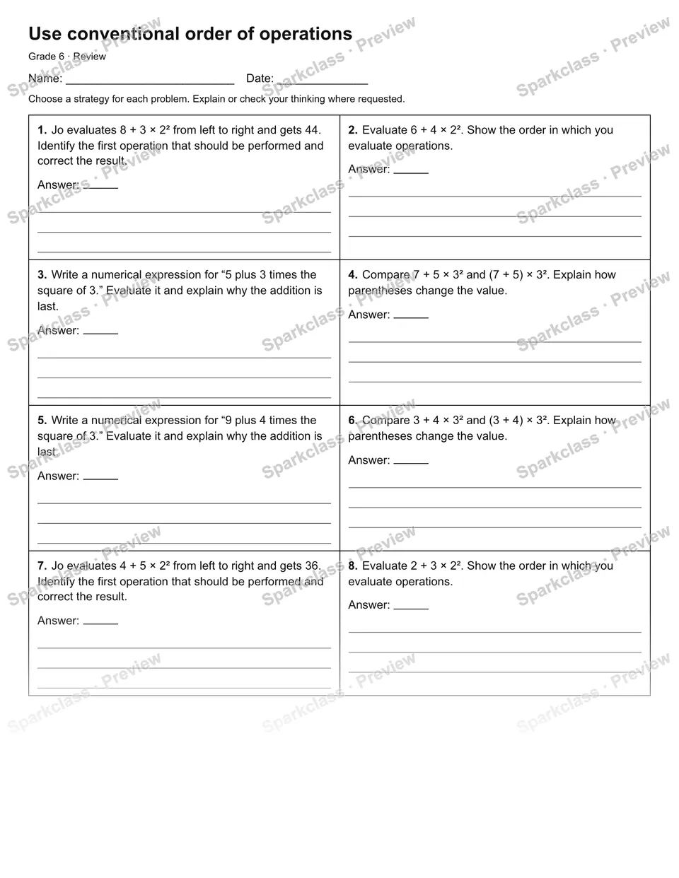 Use conventional order of operations — Review — Grade 6 worksheet preview