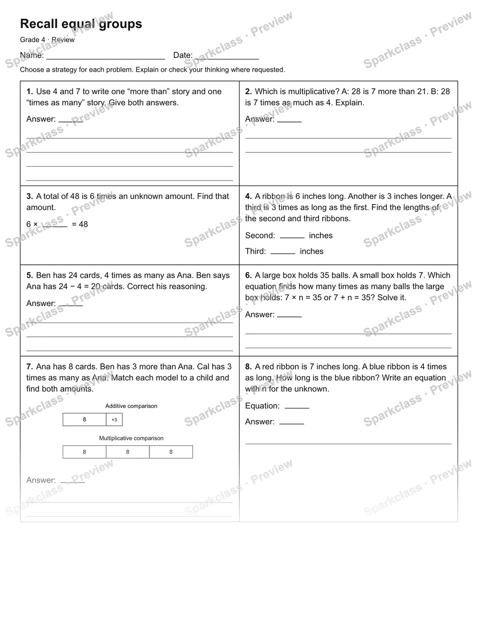 Recall equal groups — Review — Grade 4 worksheet preview