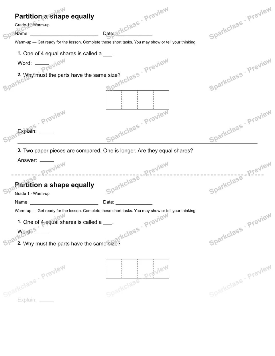 Partition a shape equally — Warm-up — Grade 1 worksheet preview