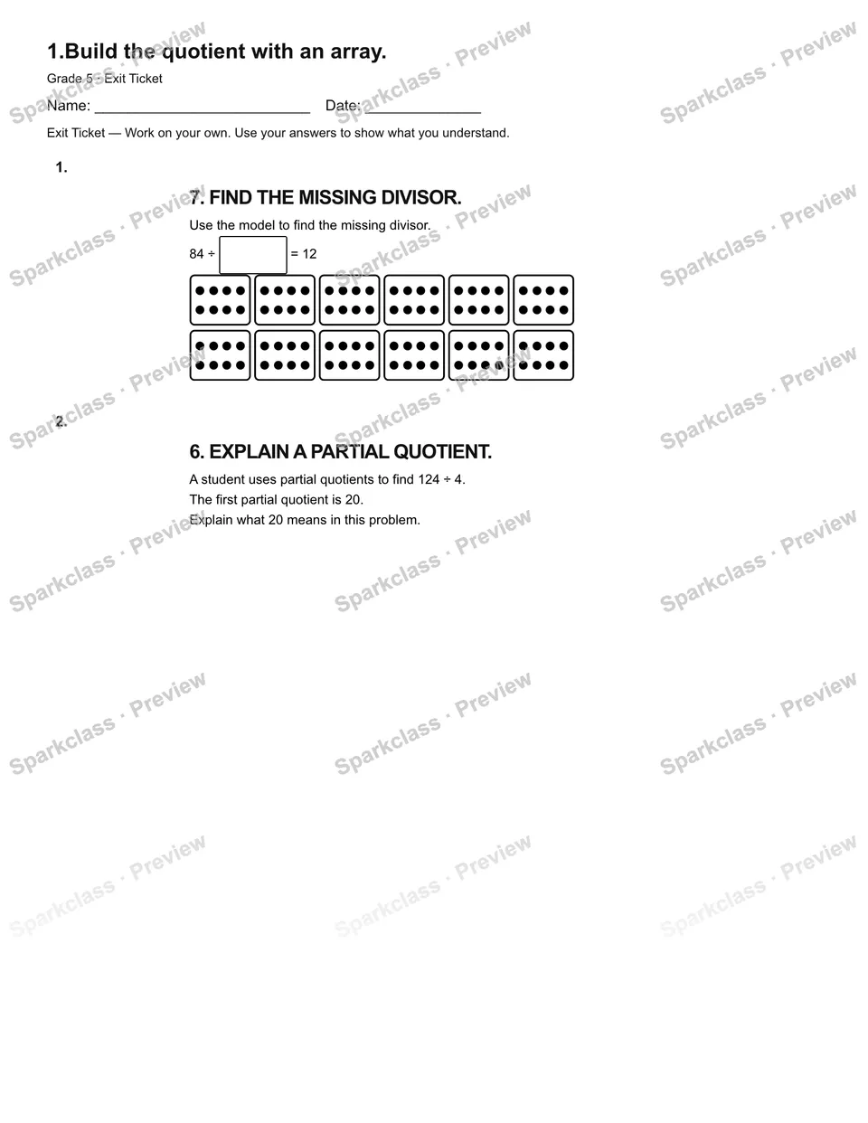 1.Build the quotient with an array. — Exit Ticket — Grade 5 worksheet preview