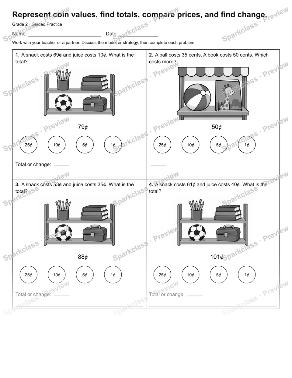 Represent coin values, find totals, compare prices, and find change. — Guided Practice — Grade 2 worksheet preview