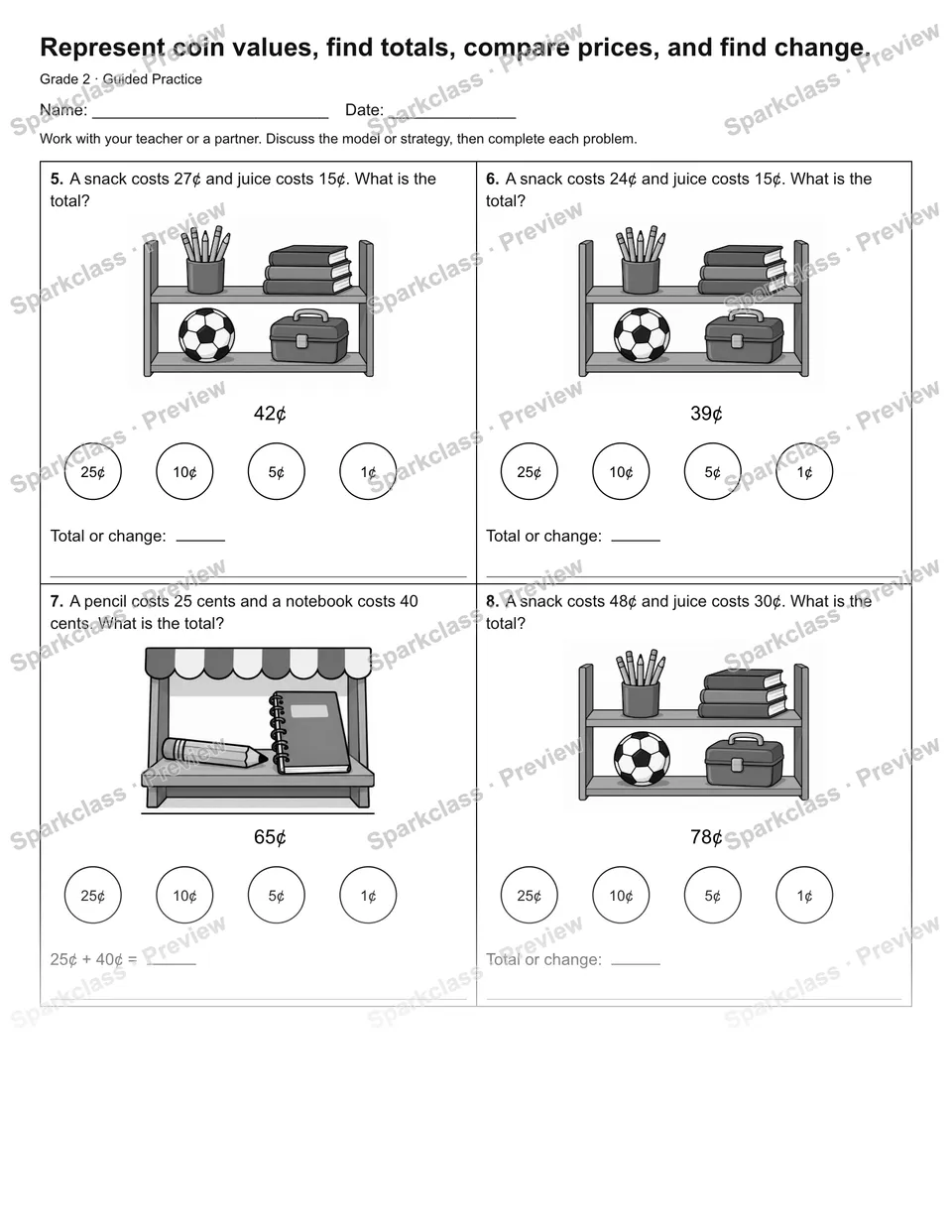 Represent coin values, find totals, compare prices, and find change. — Guided Practice — page 2