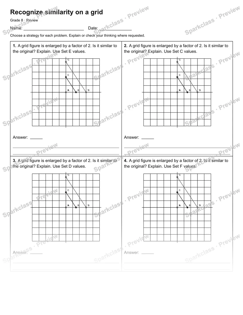 Recognize similarity on a grid — Review — Grade 8 worksheet preview