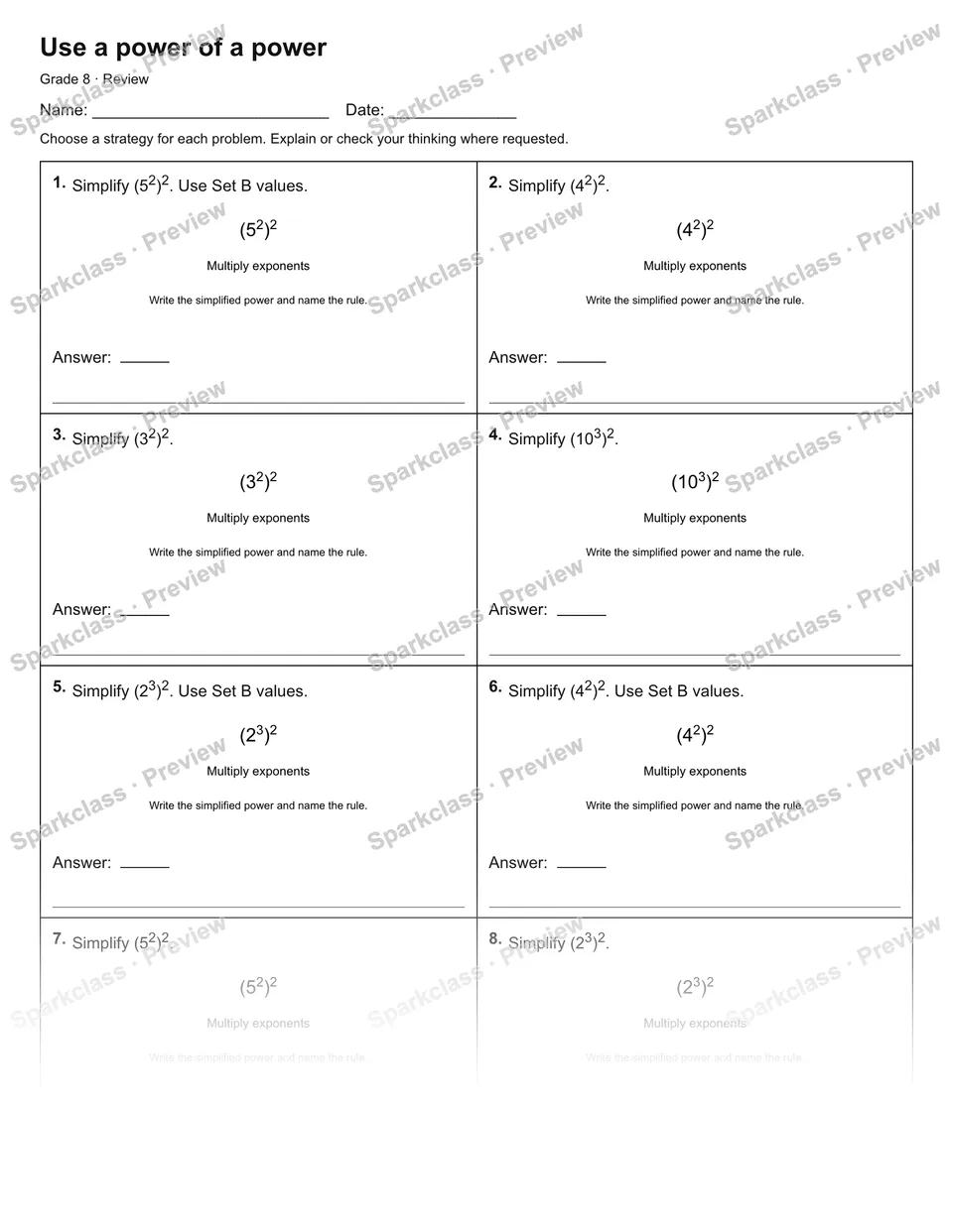 Use a power of a power — Review — Grade 8 worksheet preview