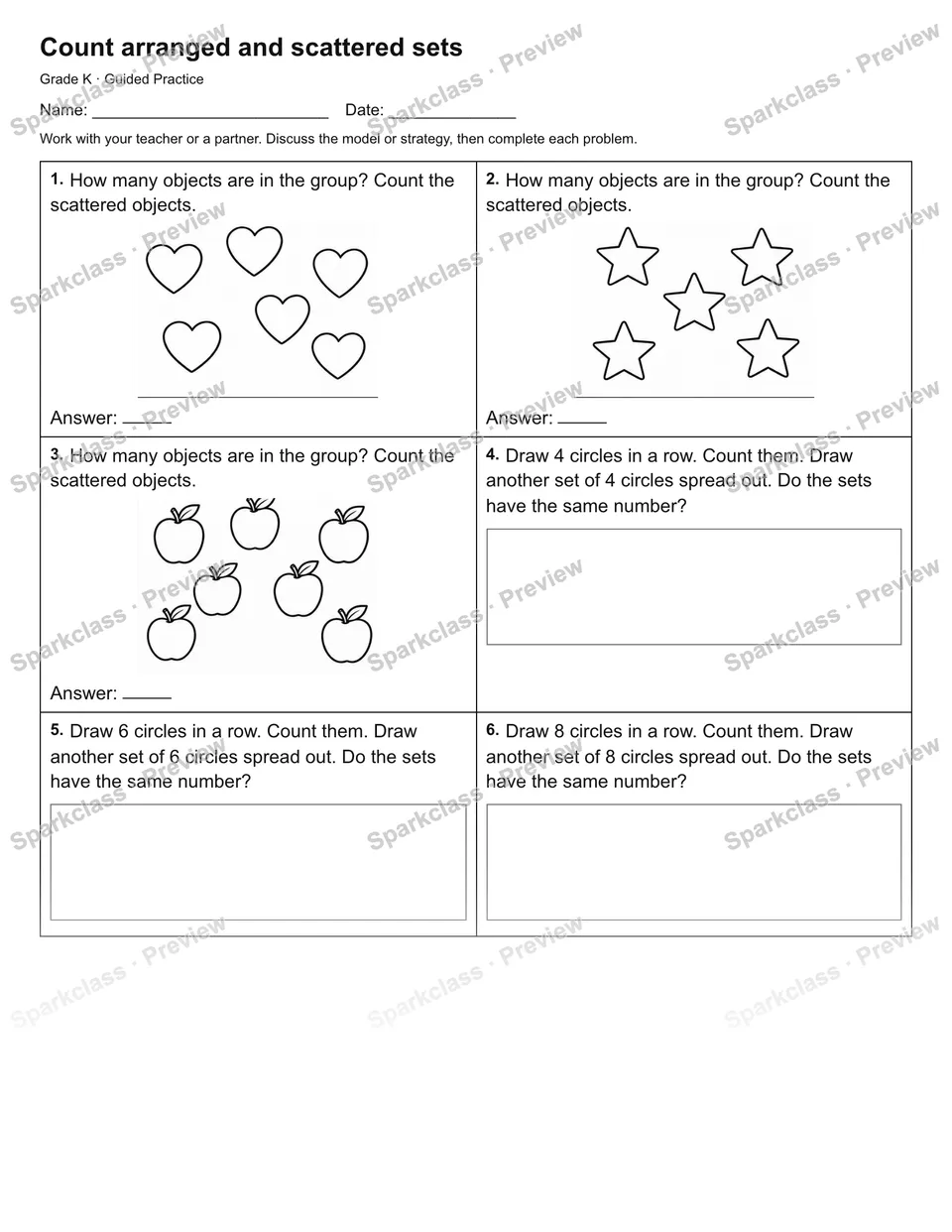 Count arranged and scattered sets — Guided Practice — Kindergarten worksheet preview