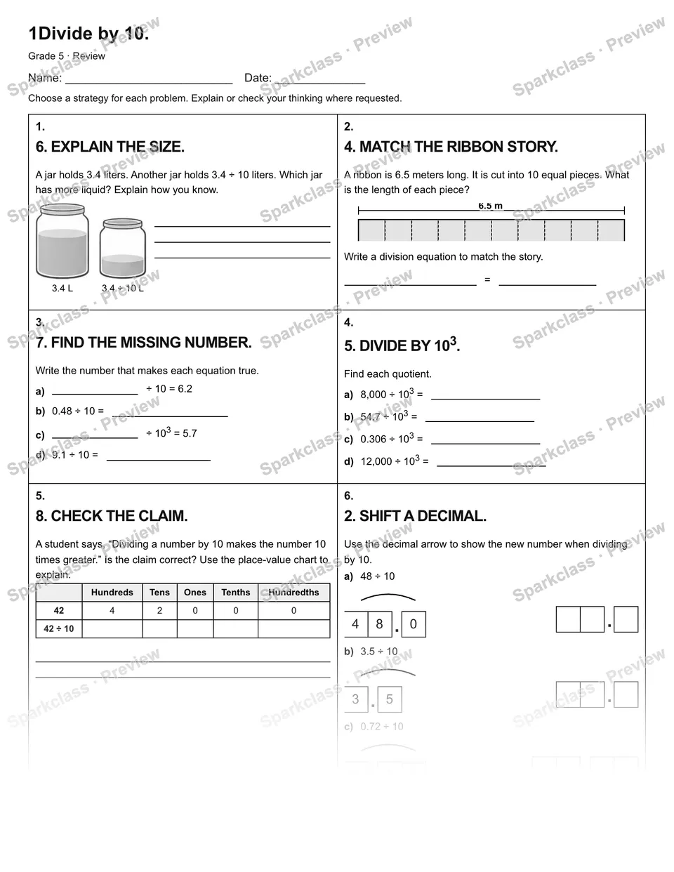 1Divide by 10. — Review — Grade 5 worksheet preview