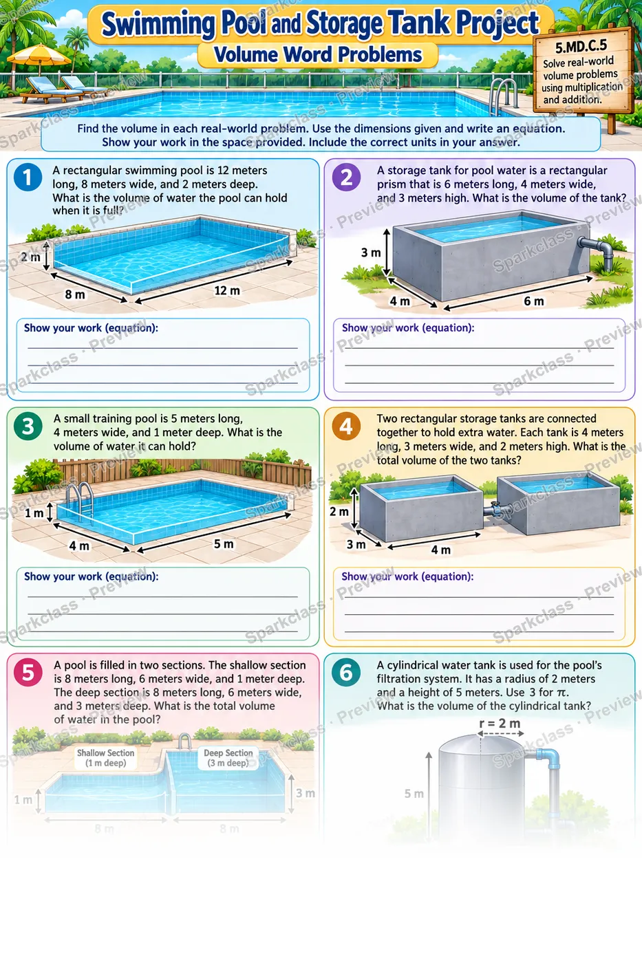 Volume Word Problems · Pool — Grade 5 worksheet preview