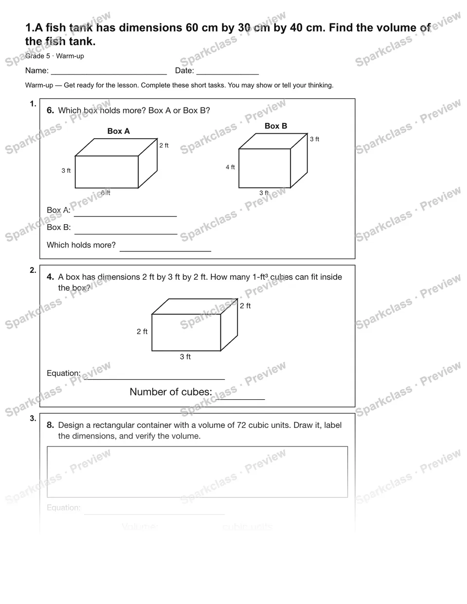 1.A fish tank has dimensions 60 cm by 30 cm by 40 cm. Find the volume of the fish tank. — Warm-up — Grade 5 worksheet preview
