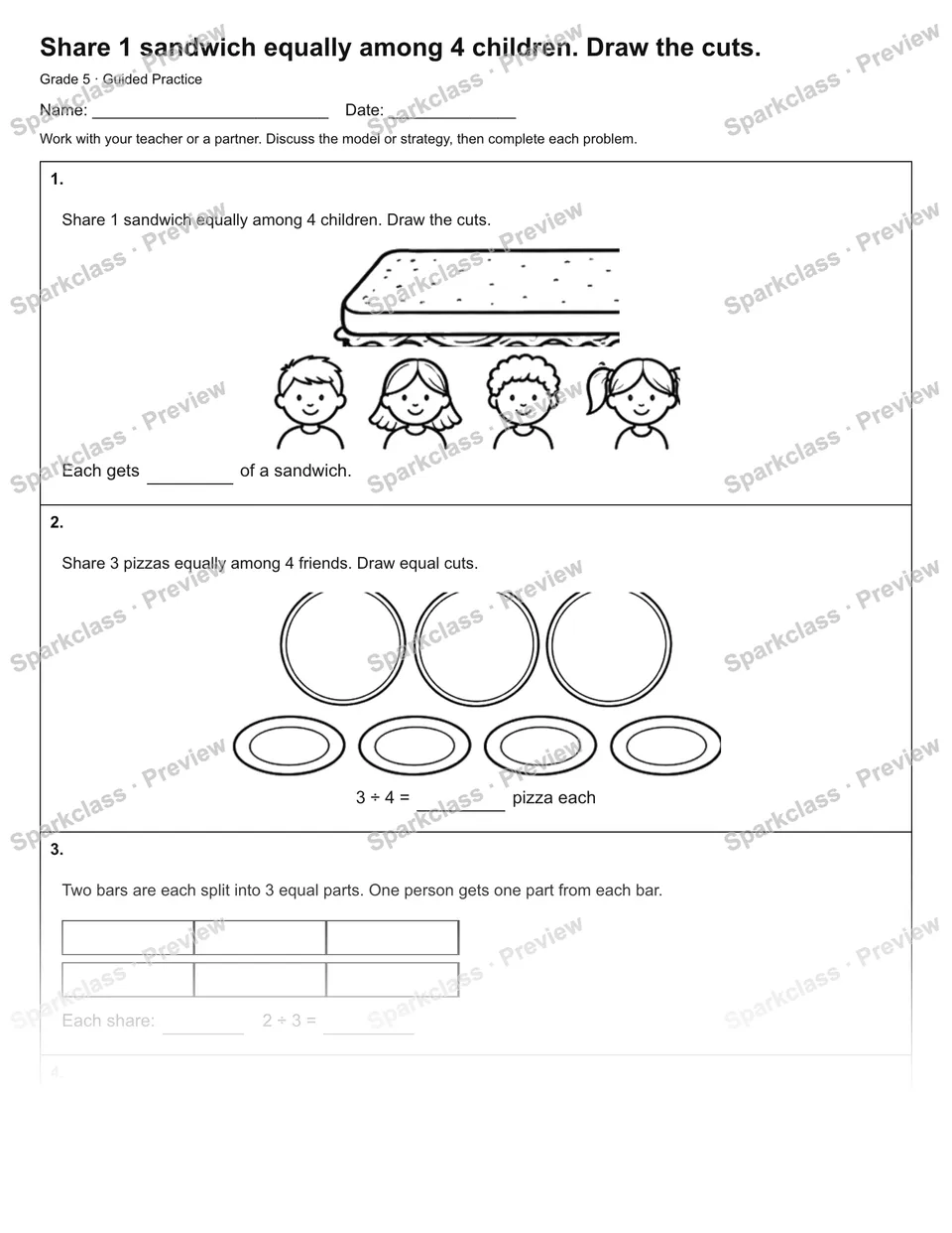 Share 1 sandwich equally among 4 children. Draw the cuts. — Guided Practice — Grade 5 worksheet preview