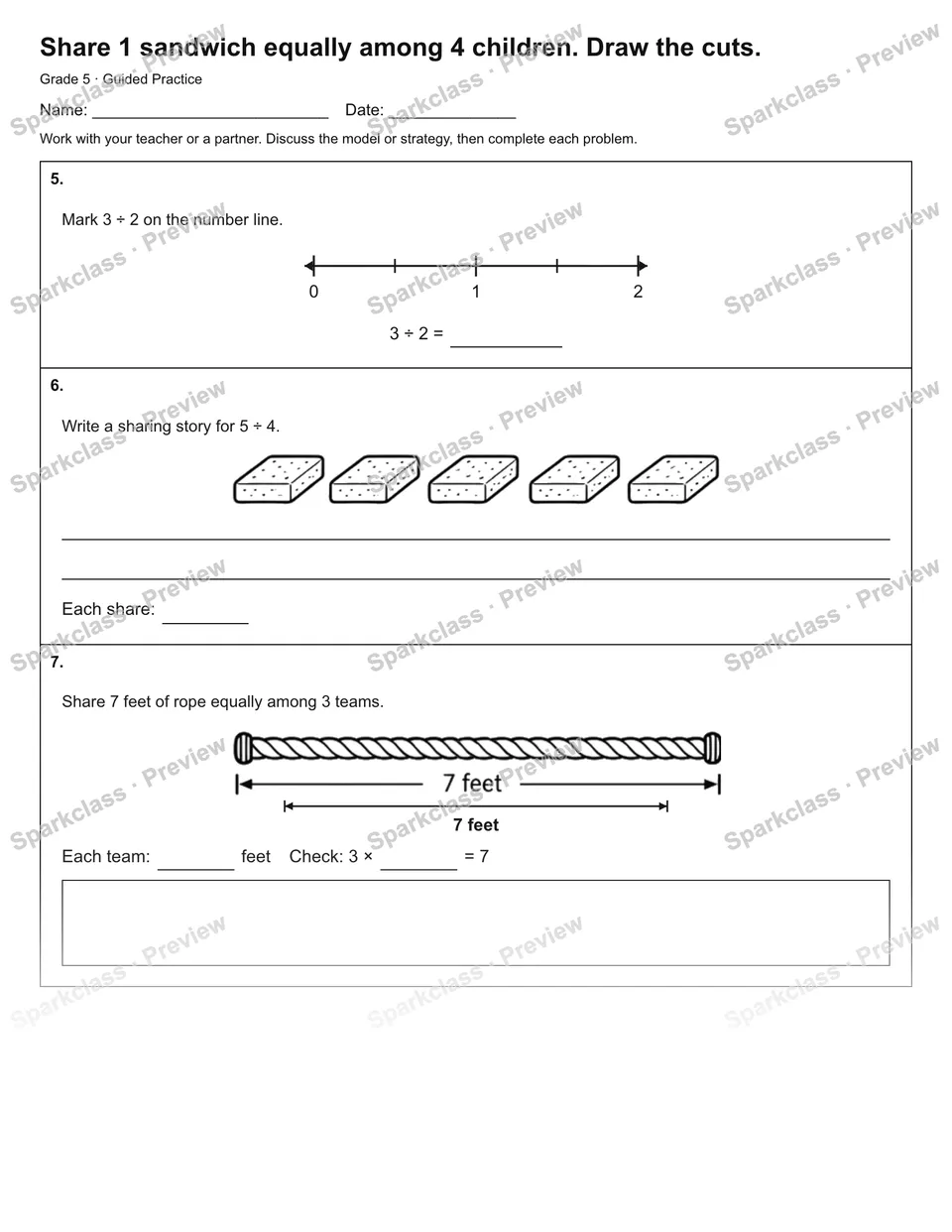 Share 1 sandwich equally among 4 children. Draw the cuts. — Guided Practice — page 2
