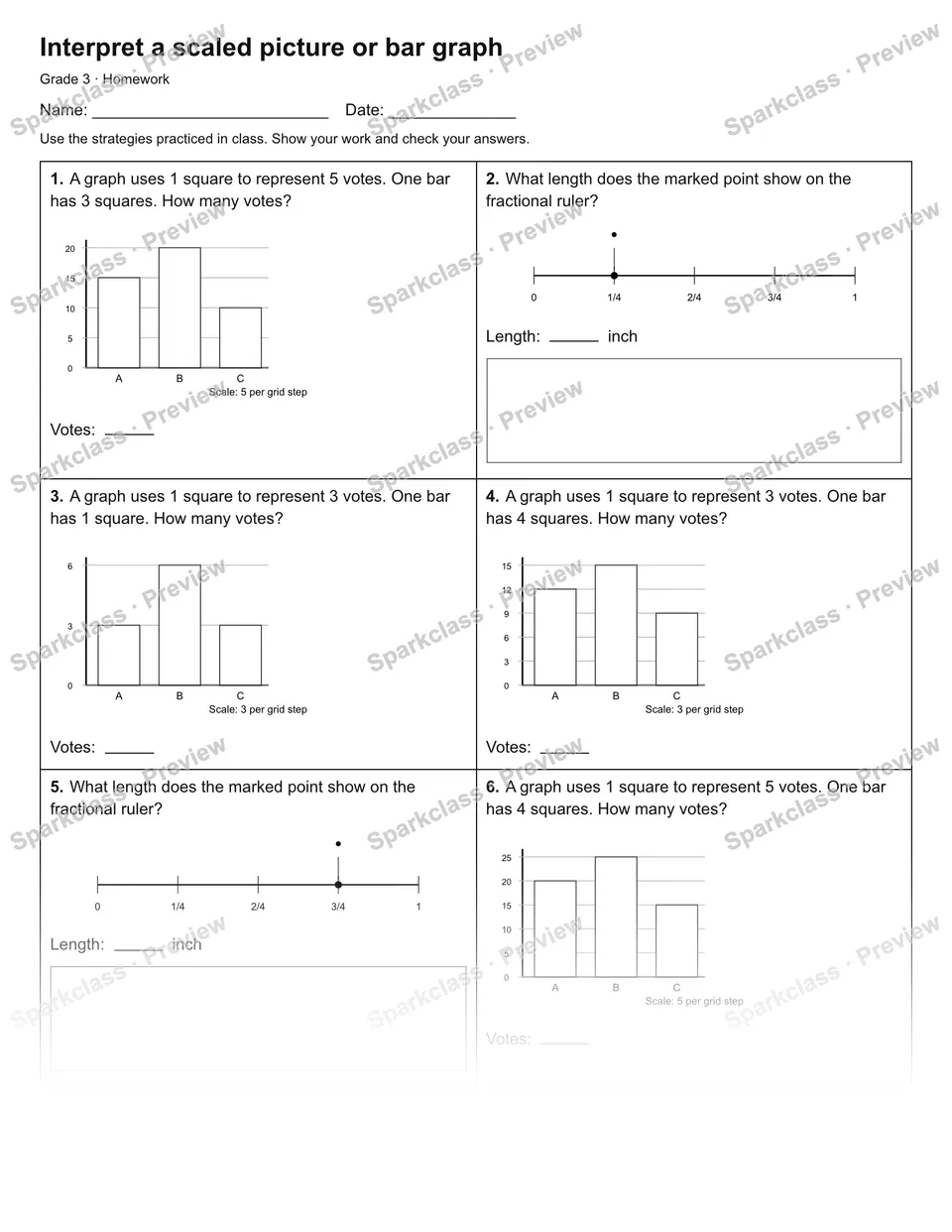Interpret a scaled picture or bar graph — Homework — Grade 3 worksheet preview