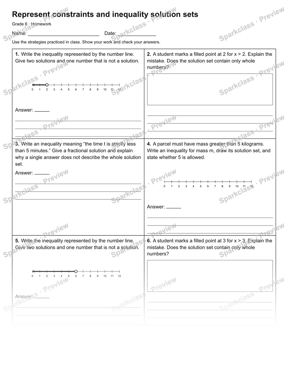 Represent constraints and inequality solution sets — Homework — Grade 6 worksheet preview