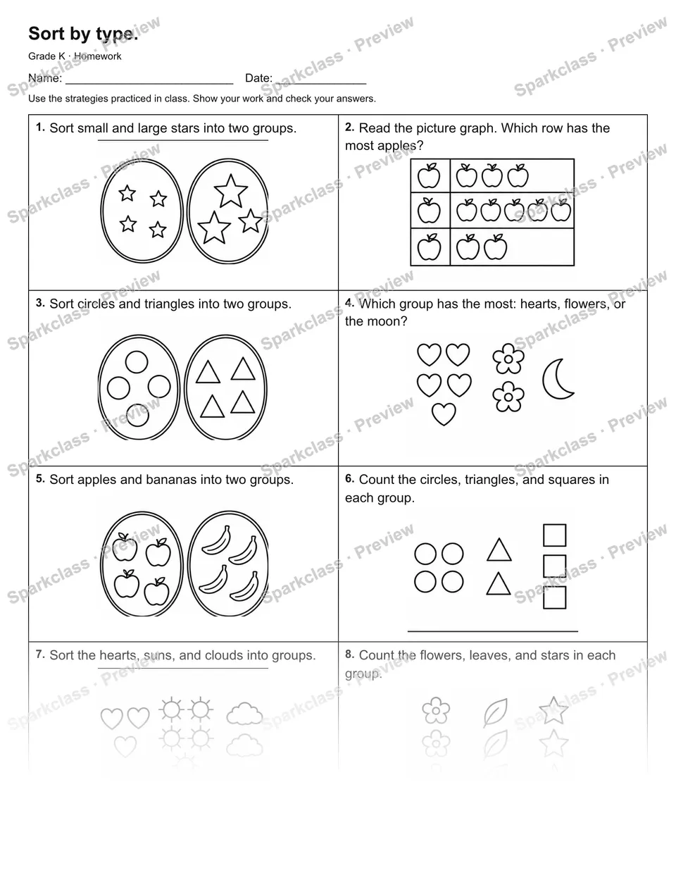 Sort by type. — Homework — Kindergarten worksheet preview