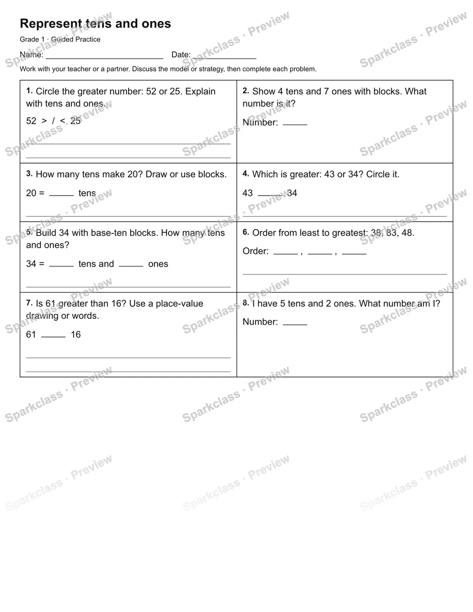 Represent tens and ones — Guided Practice — Grade 1 worksheet preview
