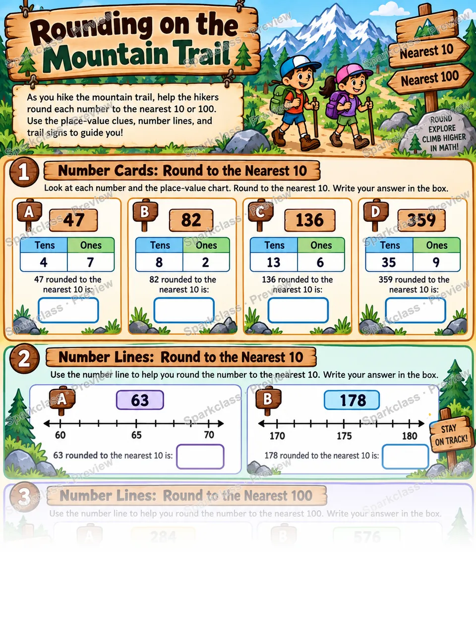 Rounding on the Mountain Trail — Grade 3 worksheet preview