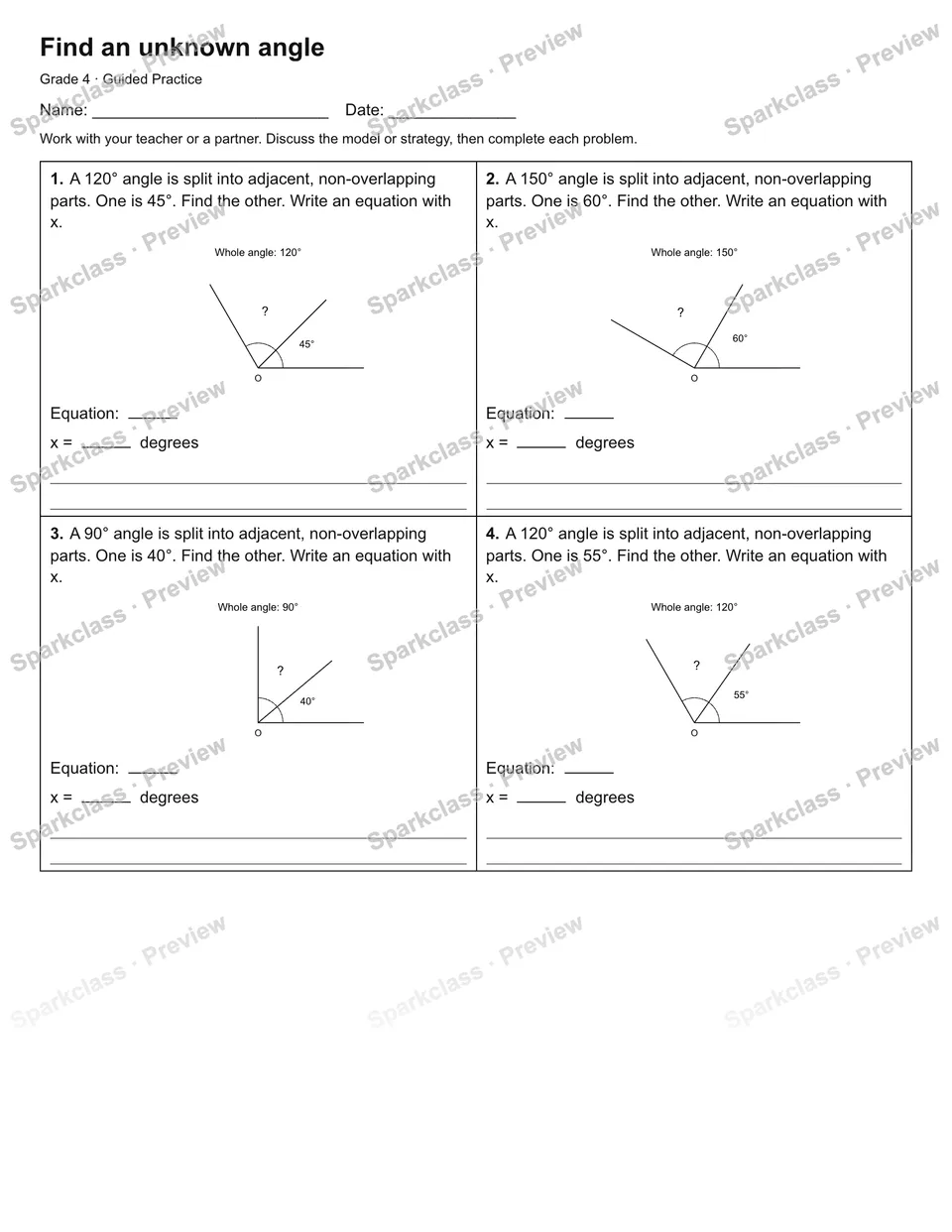 Find an unknown angle — Guided Practice — Grade 4 worksheet preview