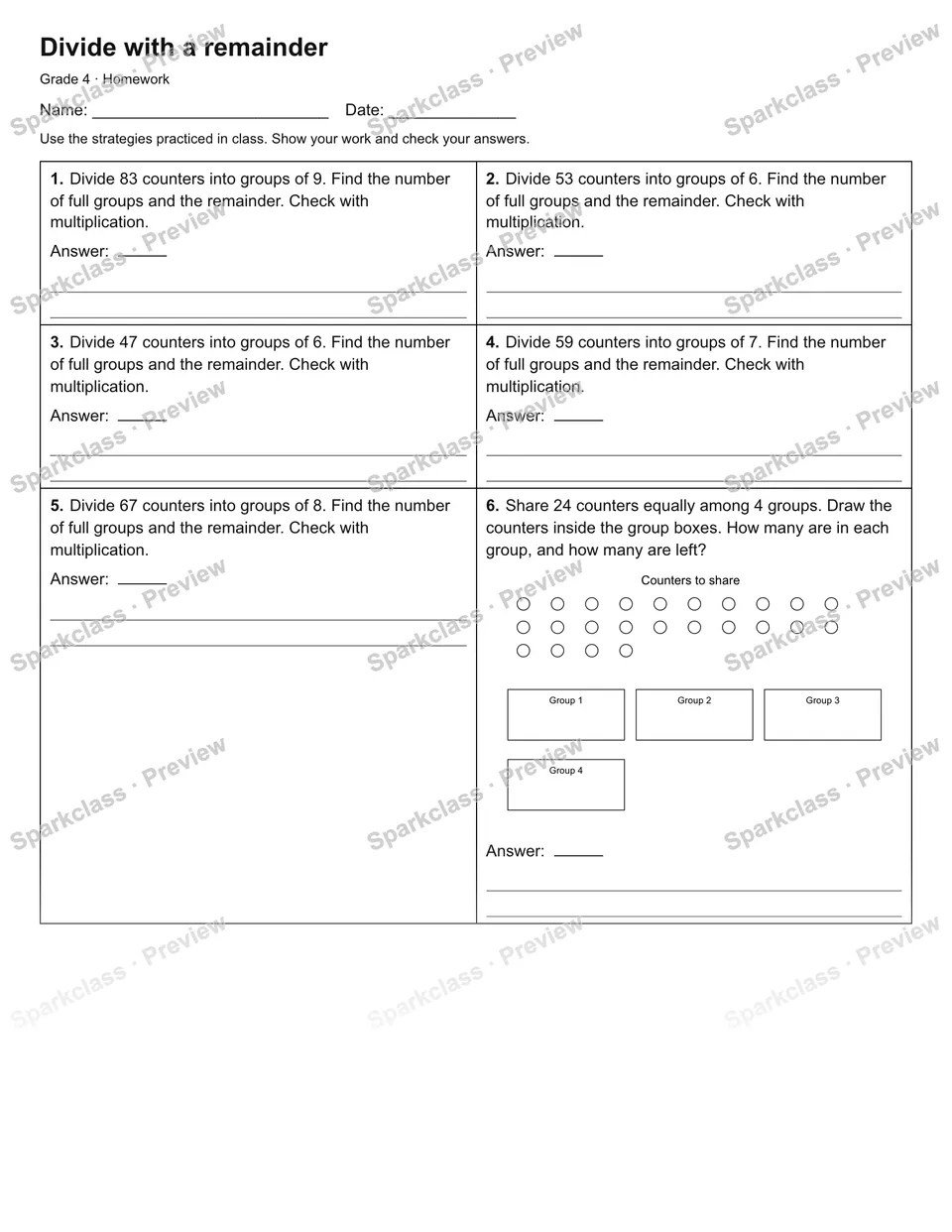 Divide with a remainder — Homework — Grade 4 worksheet preview