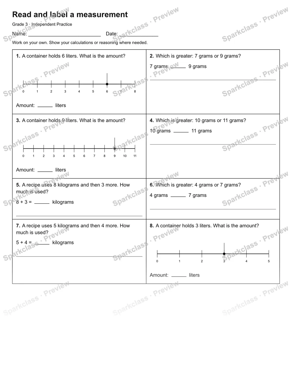 Read and label a measurement — Independent Practice — Grade 3 worksheet preview
