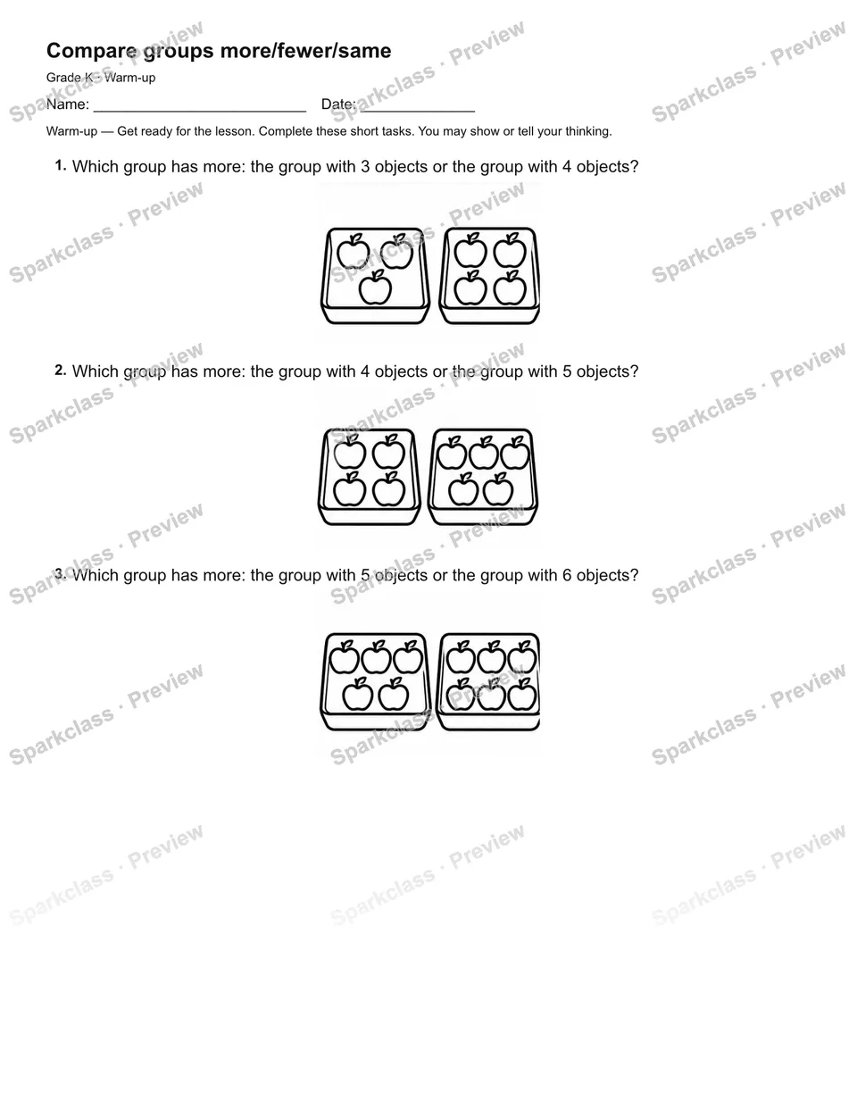 Compare groups more/fewer/same — Warm-up — Kindergarten worksheet preview