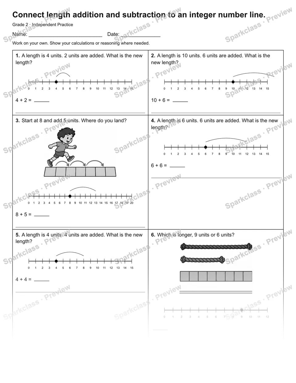 Connect length addition and subtraction to an integer number line. — Independent Practice — Grade 2 worksheet preview