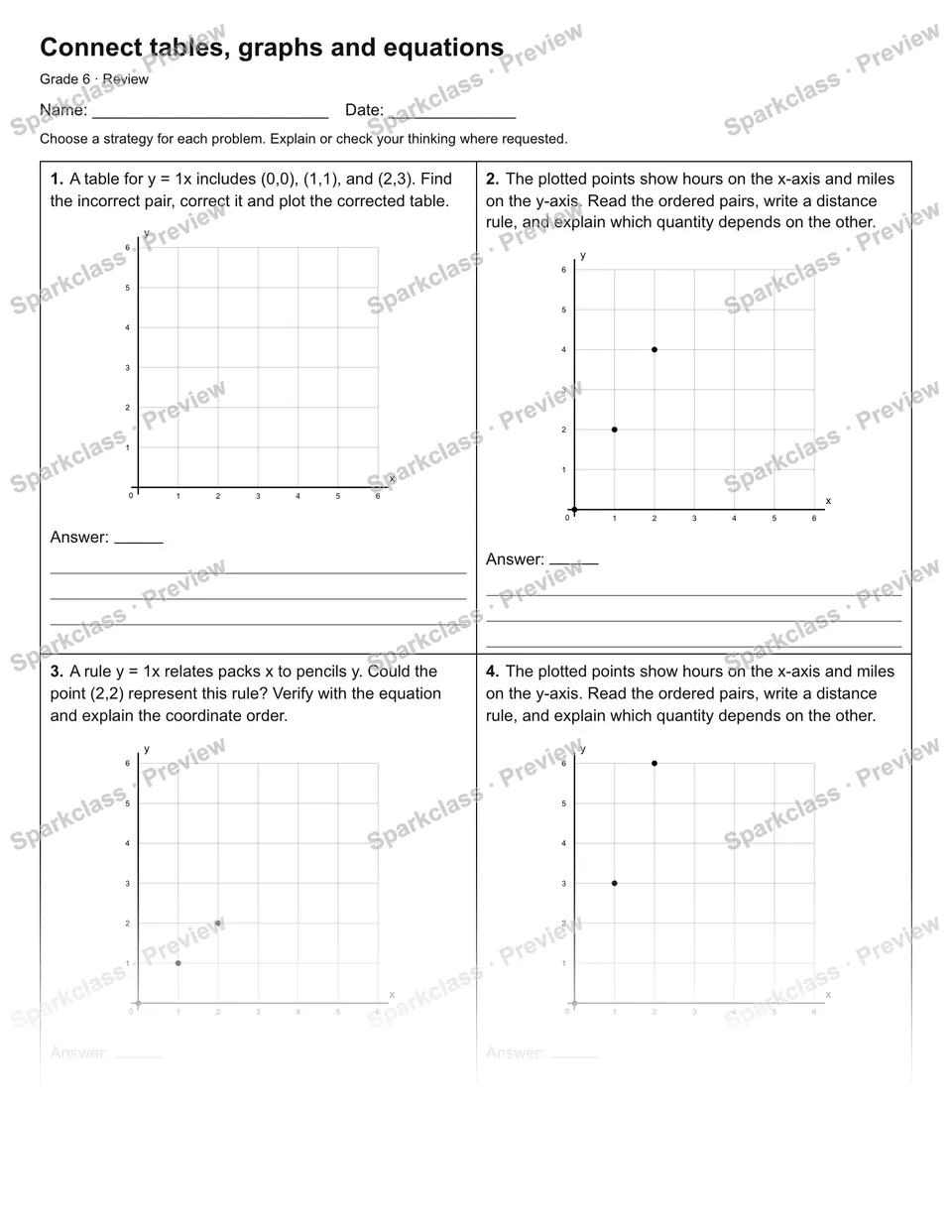 Connect tables, graphs and equations — Review — Grade 6 worksheet preview