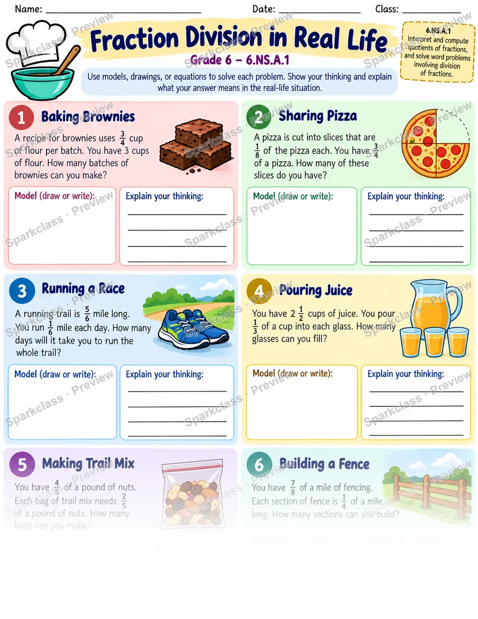 Fraction Word Problems — Grade 6 worksheet preview
