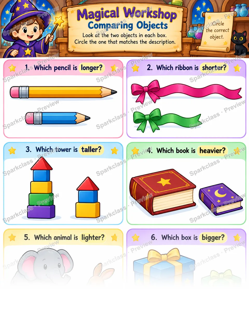 Comparing Objects · Magical Workshop — Kindergarten worksheet preview
