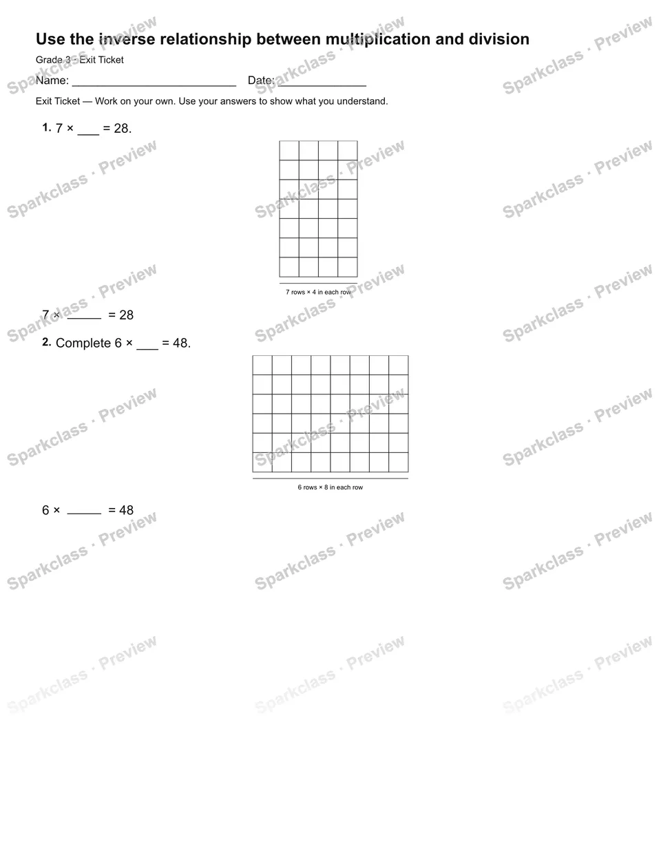 Use the inverse relationship between multiplication and division — Exit Ticket — page 2