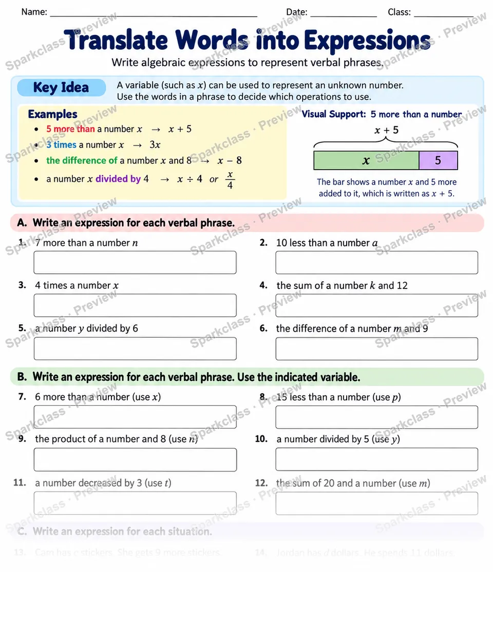Expression Wording — Grade 6 worksheet preview