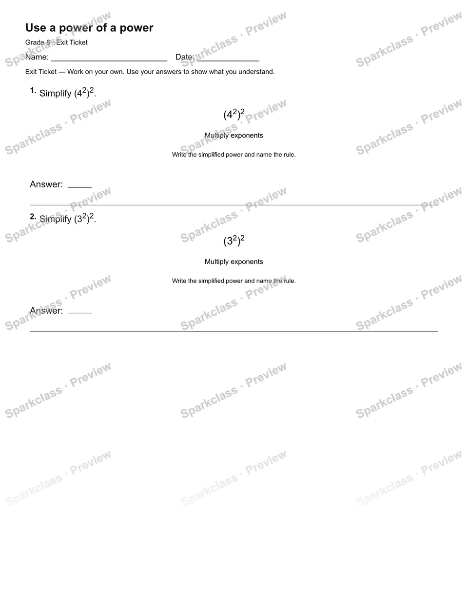 Use a power of a power — Exit Ticket — page 2
