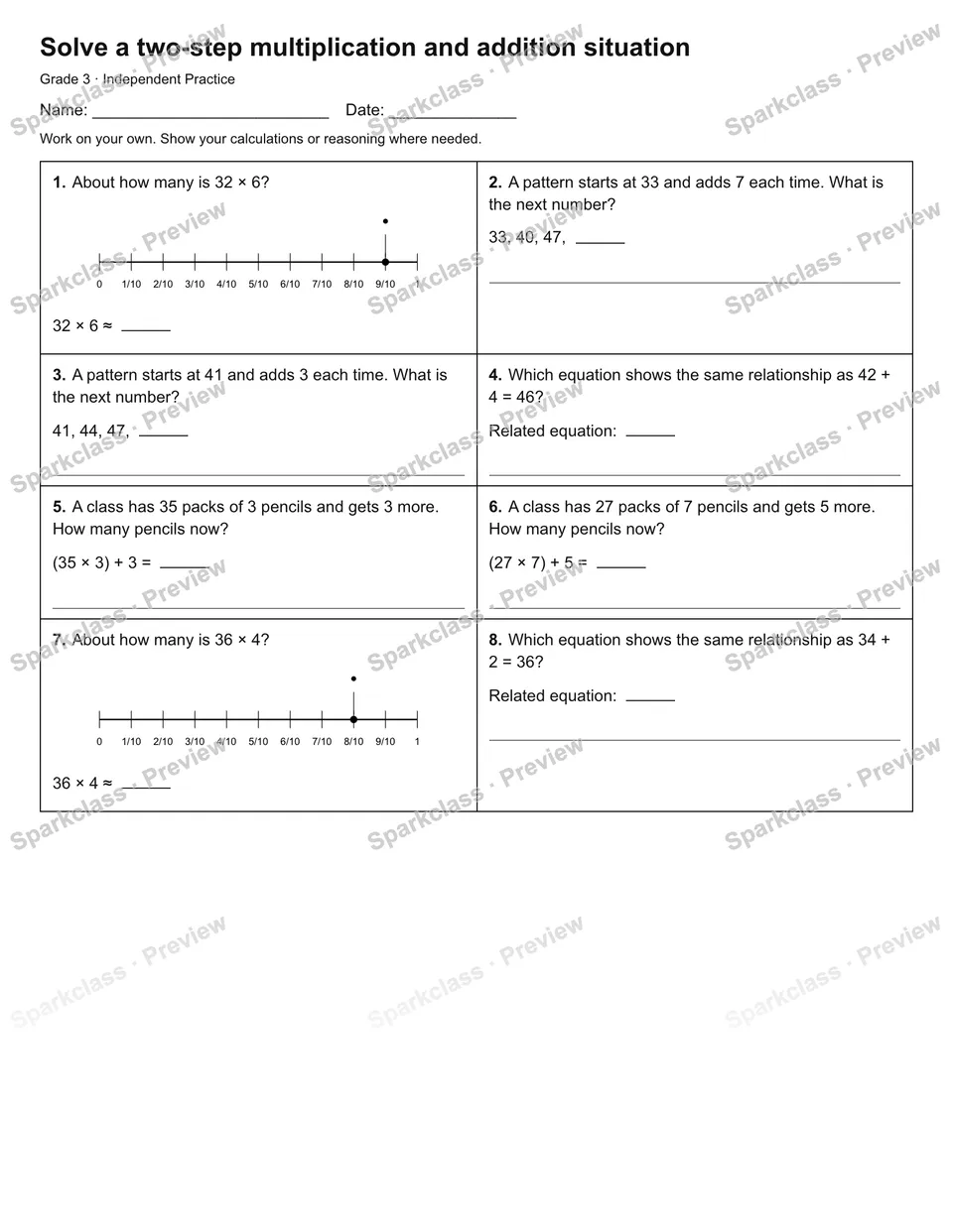 Solve a two-step multiplication and addition situation — Independent Practice — Grade 3 worksheet preview