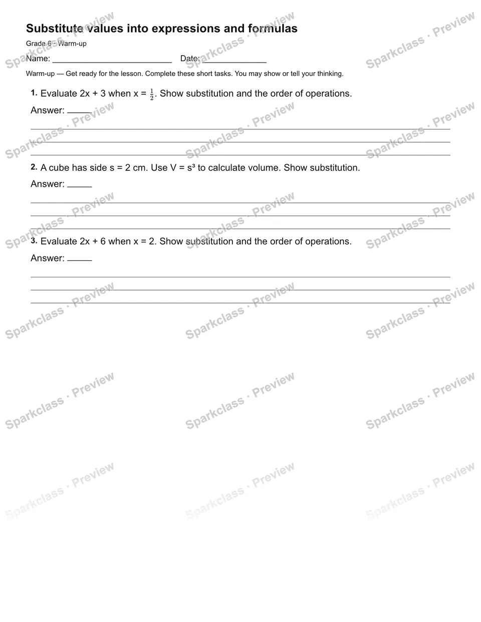 Substitute values into expressions and formulas — Warm-up — page 2