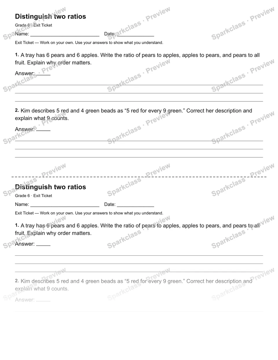 Distinguish two ratios — Exit Ticket — Grade 6 worksheet preview