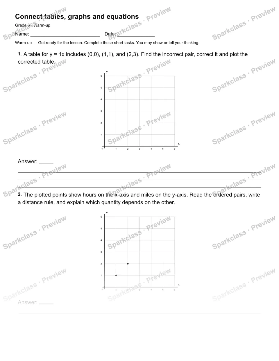 Connect tables, graphs and equations — Warm-up — page 2