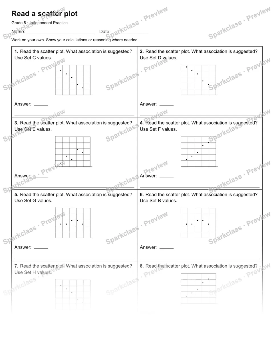 Read a scatter plot — Independent Practice — Grade 8 worksheet preview