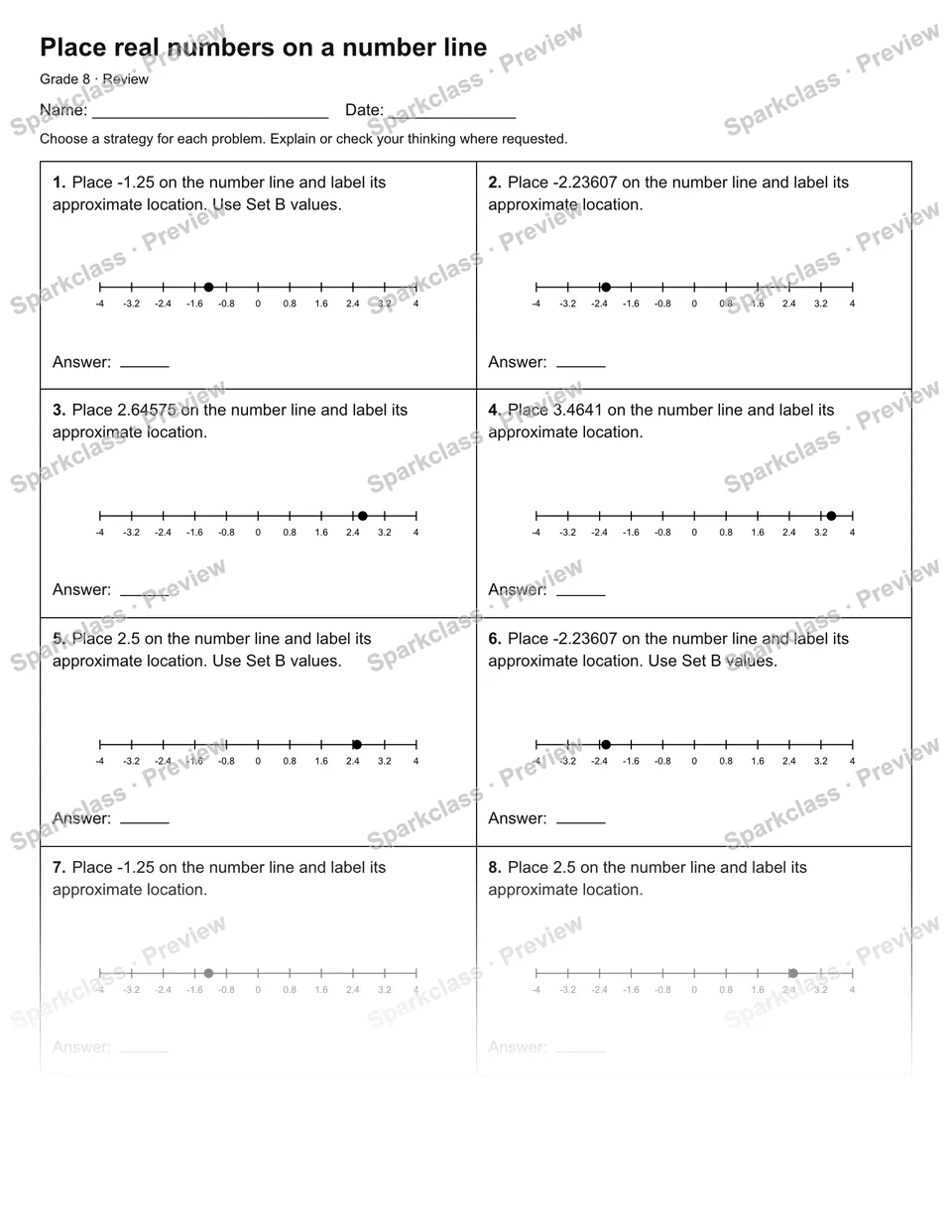 Place real numbers on a number line — Review — Grade 8 worksheet preview