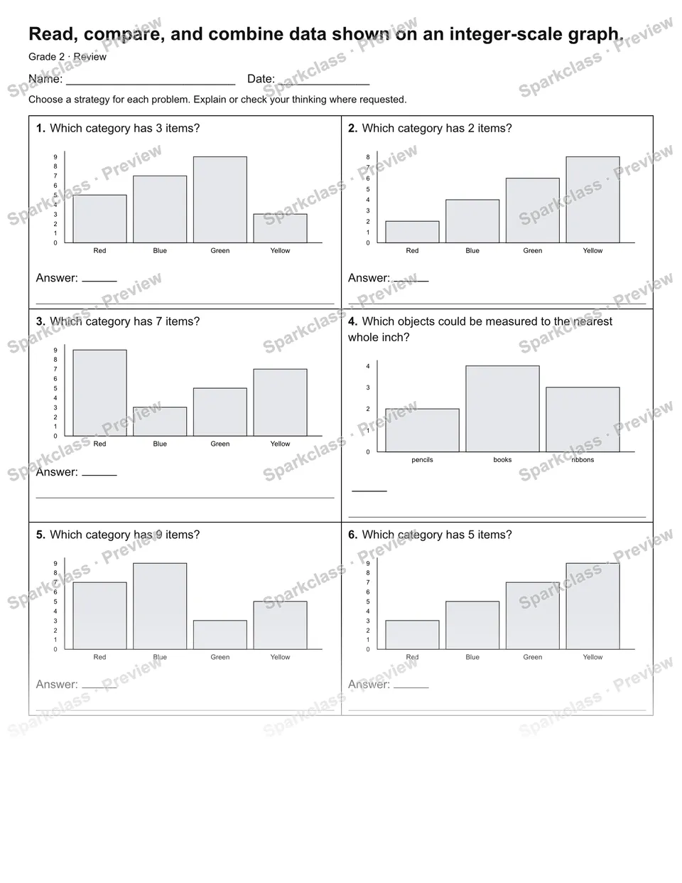 Read, compare, and combine data shown on an integer-scale graph. — Review — Grade 2 worksheet preview