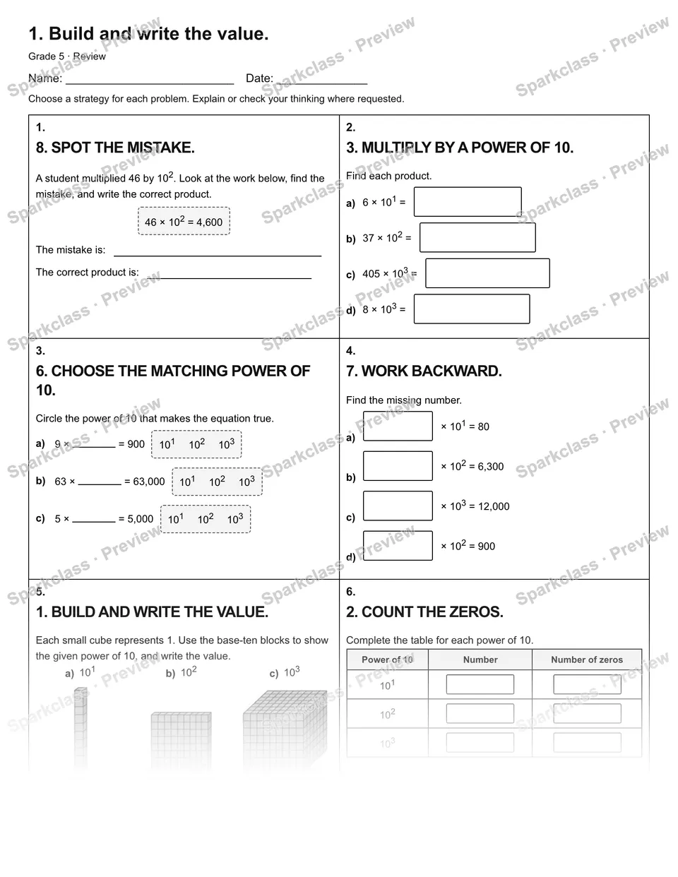 1. Build and write the value. — Review — Grade 5 worksheet preview