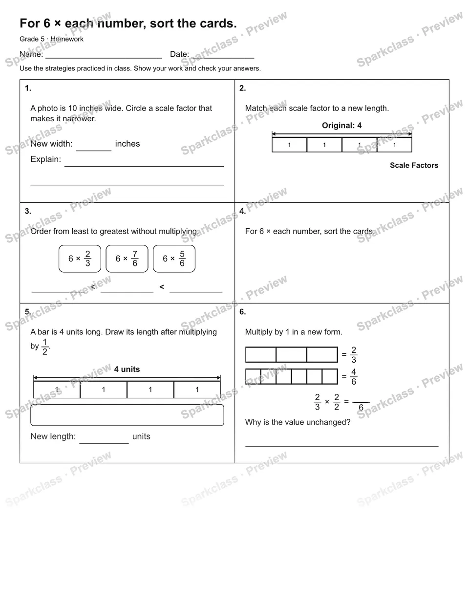 For 6 × each number, sort the cards. — Homework — Grade 5 worksheet preview