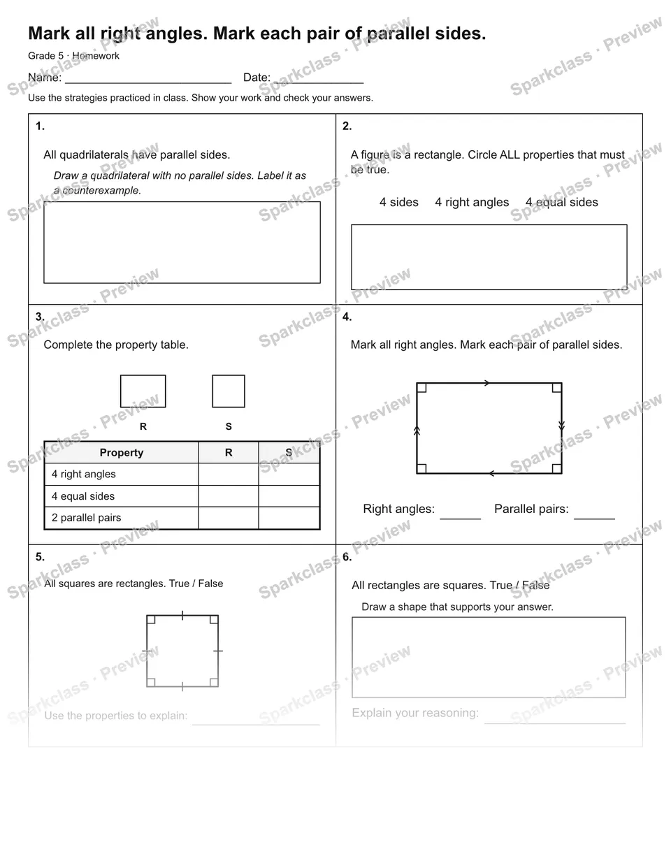 Mark all right angles. Mark each pair of parallel sides. — Homework — Grade 5 worksheet preview