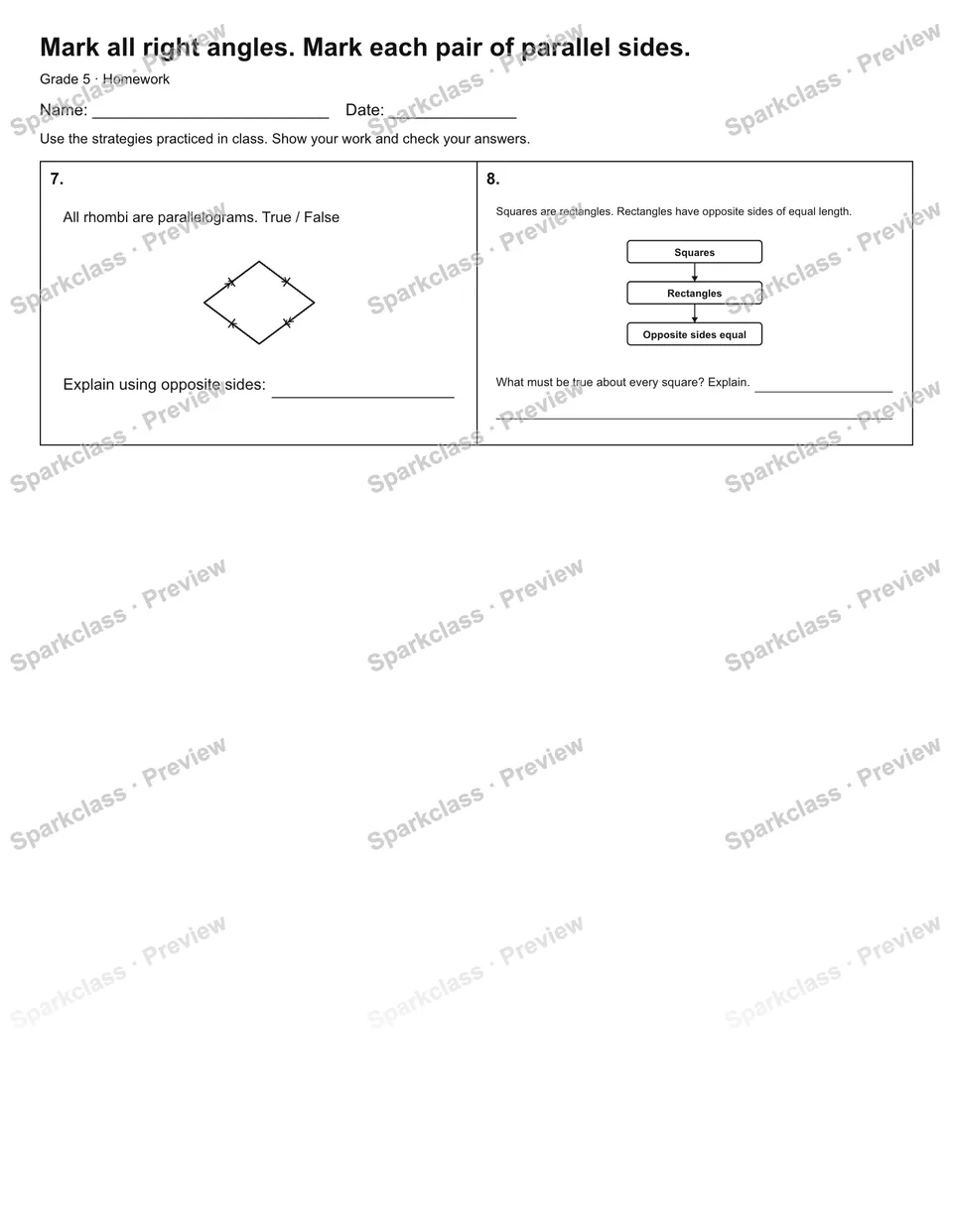 Mark all right angles. Mark each pair of parallel sides. — Homework — page 2