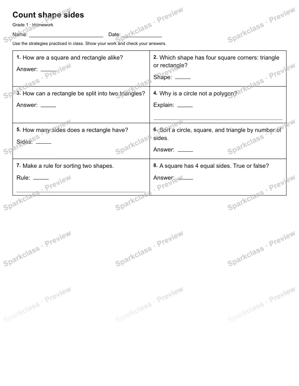 Count shape sides — Homework — Grade 1 worksheet preview