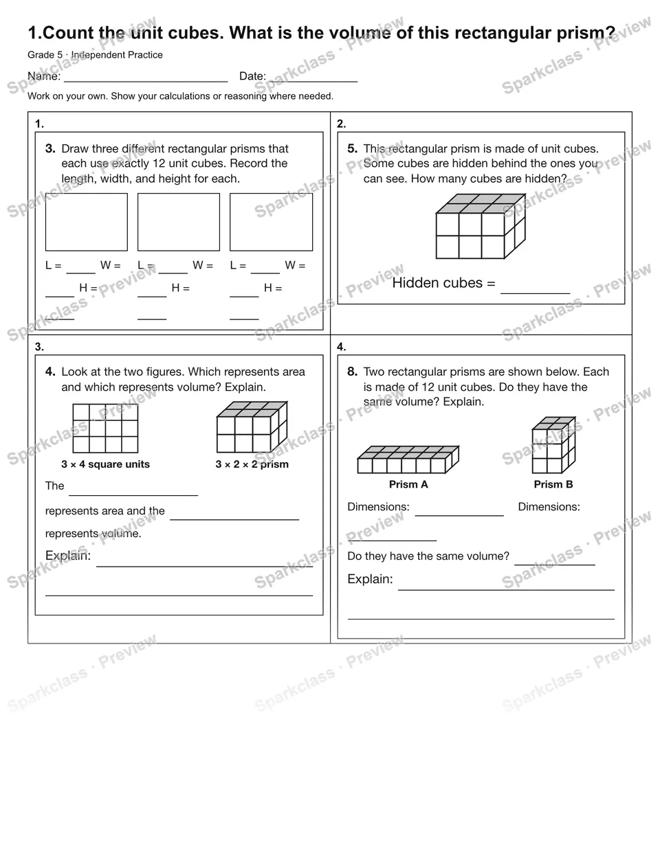 1.Count the unit cubes. What is the volume of this rectangular prism? — Independent Practice — Grade 5 worksheet preview