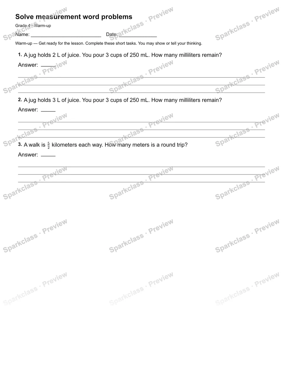 Solve measurement word problems — Warm-up — Grade 4 worksheet preview