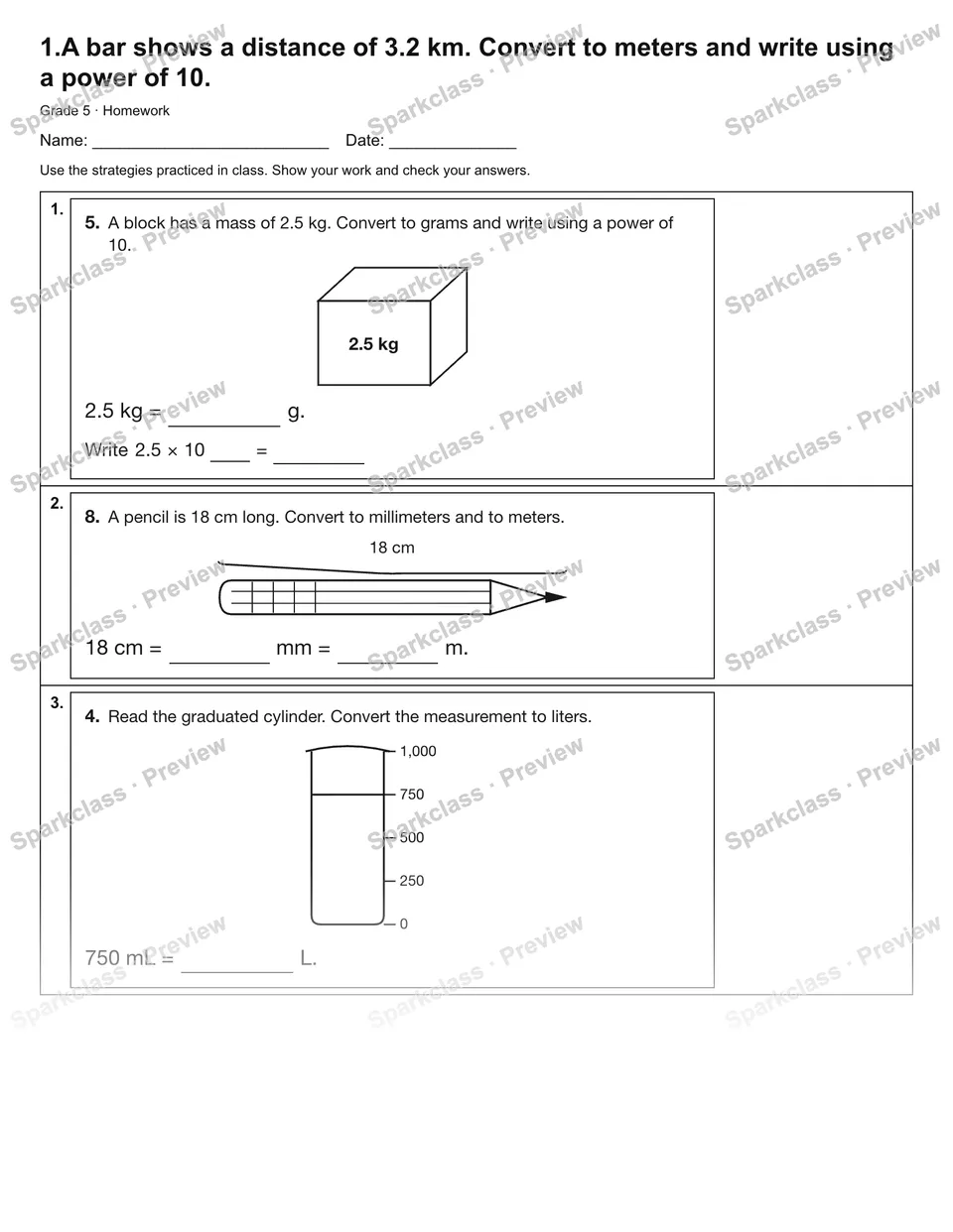 1.A bar shows a distance of 3.2 km. Convert to meters and write using a power of 10. — Homework — Grade 5 worksheet preview