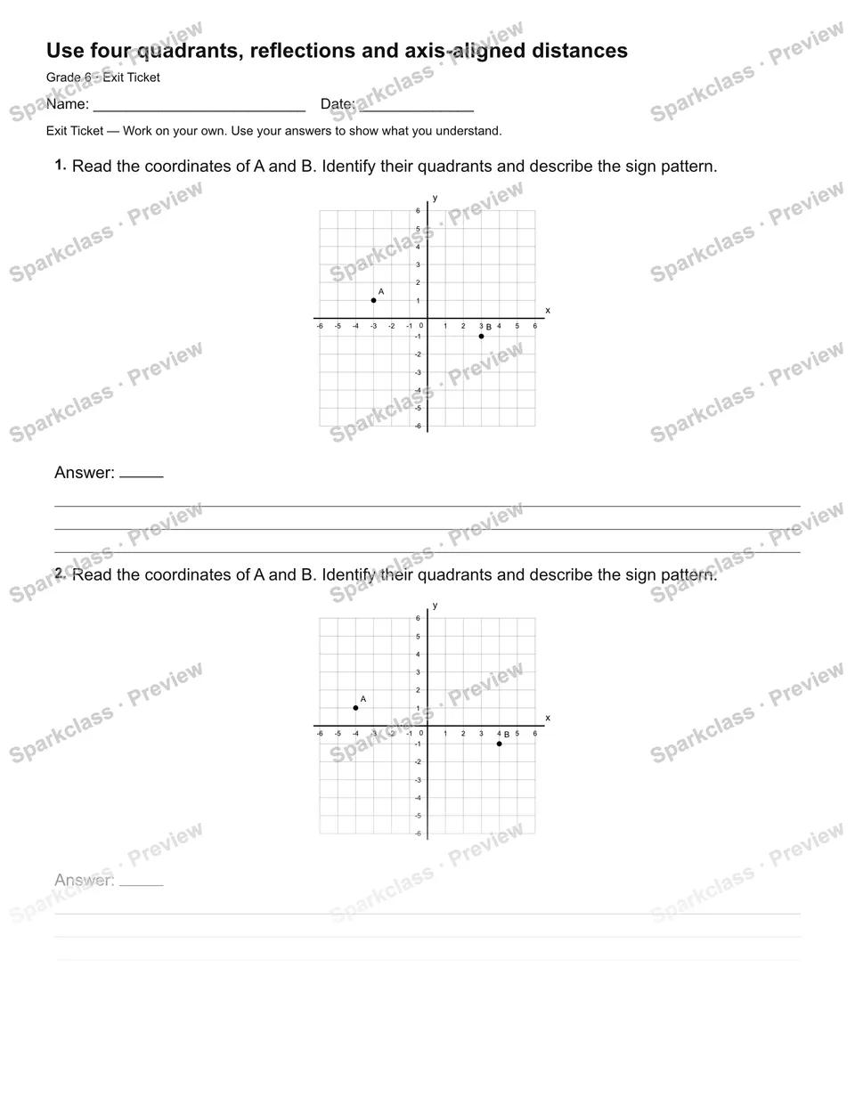 Use four quadrants, reflections and axis-aligned distances — Exit Ticket — page 2