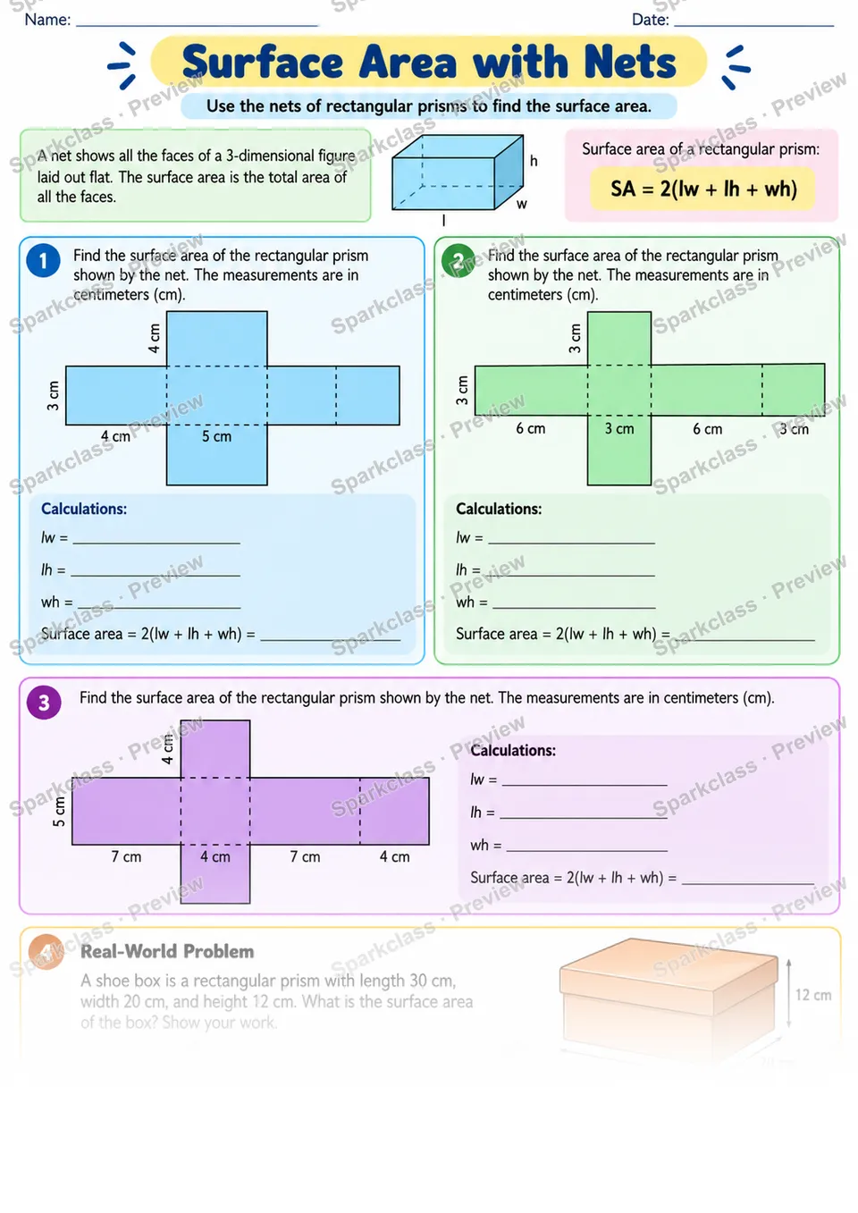 Surface Area Nets — Grade 6 worksheet preview