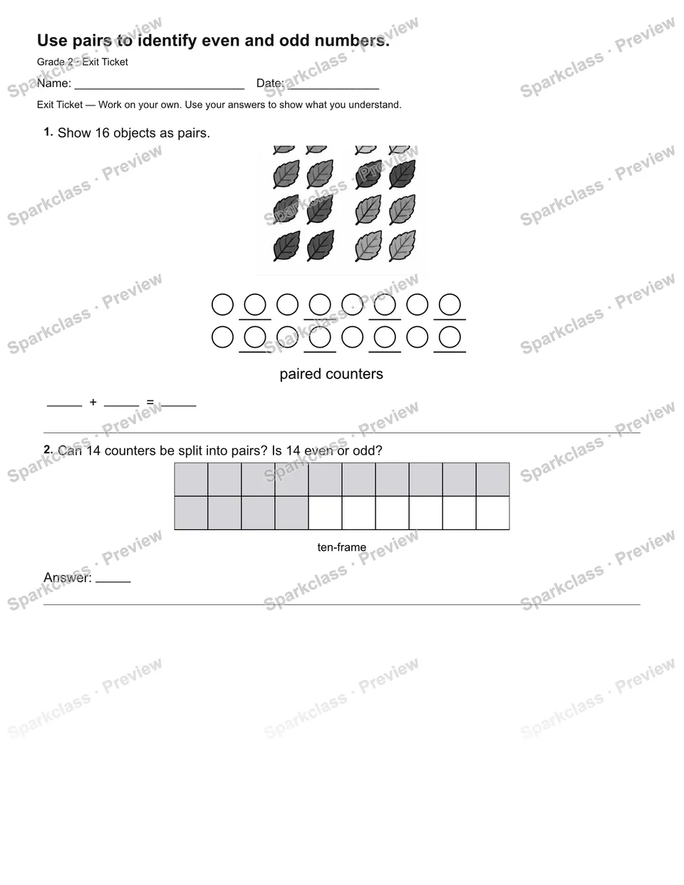 Use pairs to identify even and odd numbers. — Exit Ticket — Grade 2 worksheet preview