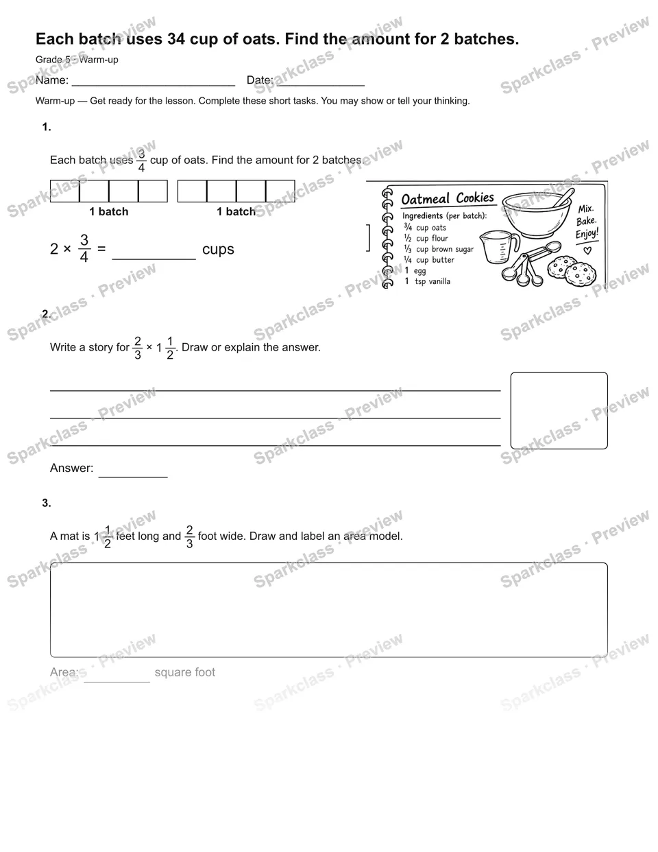 Each batch uses 34 cup of oats. Find the amount for 2 batches. — Warm-up — Grade 5 worksheet preview