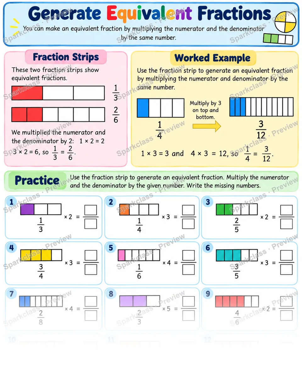 Generate Equivalent Fractions — Grade 3 worksheet preview